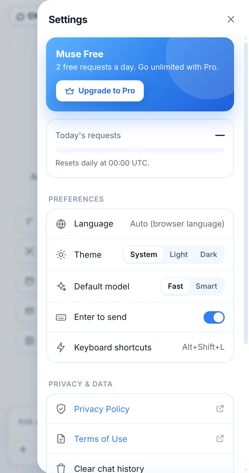 Muse settings: theme, language, default model, Enter to send